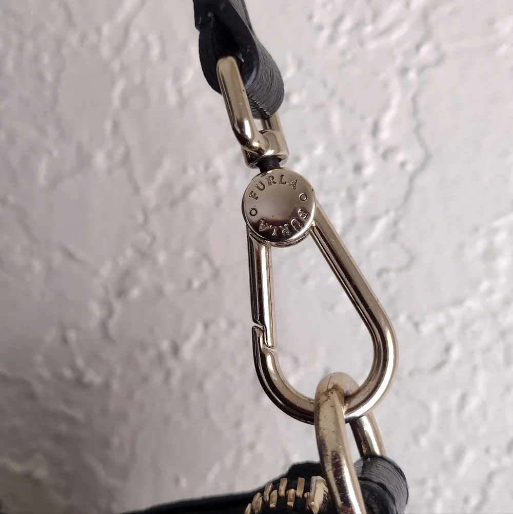 Furla Linda Medium Leather Black And Gold Satchel Bag